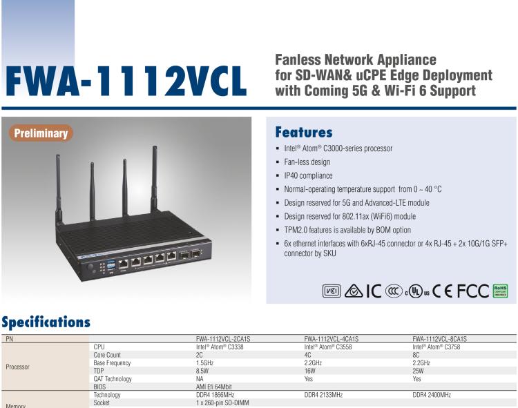 研华FWA-1112VCL Fanless Network Appliance for SD-WAN& uCPE Edge Deployment with Coming 5G & Wi-Fi 6 Support