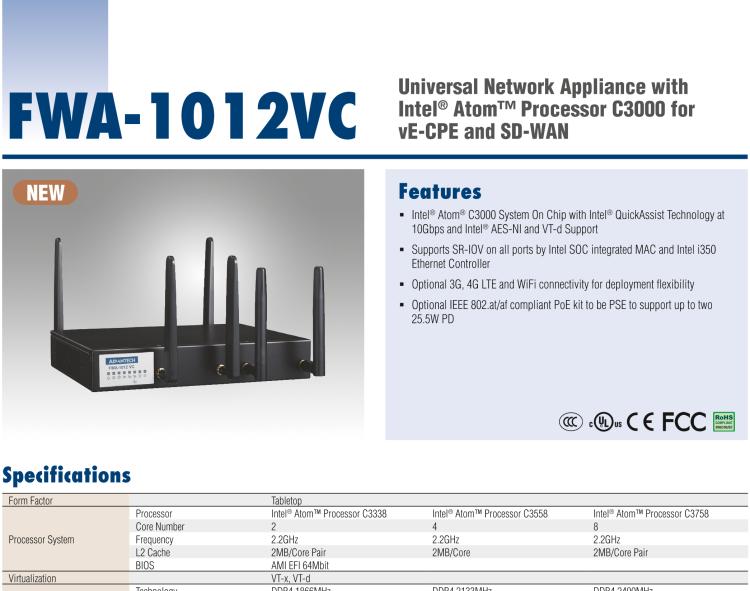 研华FWA-1012VC 基于Intel® Atom™ C3000系列 专为VE-CPE和SD-WAN场景设计