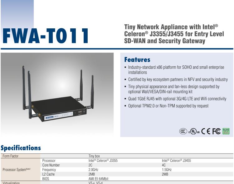 研华FWA-T011 基于Intel® Celeron® N3350/J3455 入门级SD-WAN，安全网关微型网络应用平台