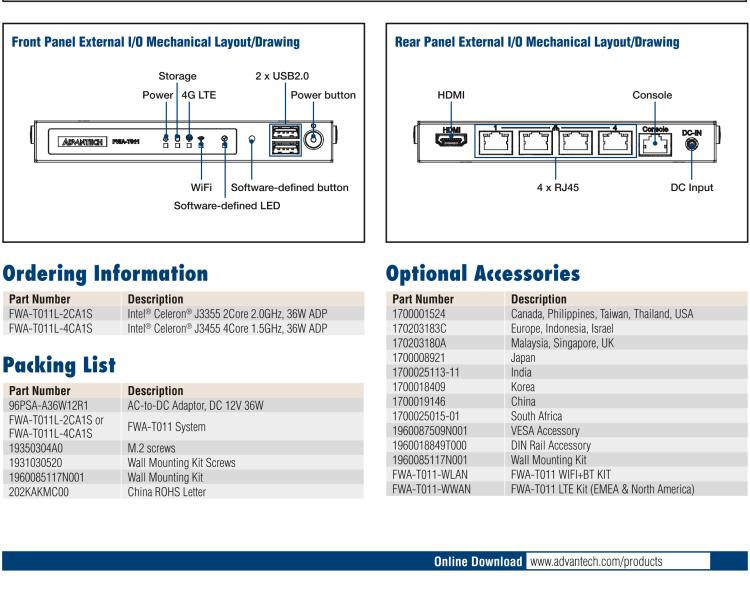 研华FWA-T011 基于Intel® Celeron® N3350/J3455 入门级SD-WAN，安全网关微型网络应用平台