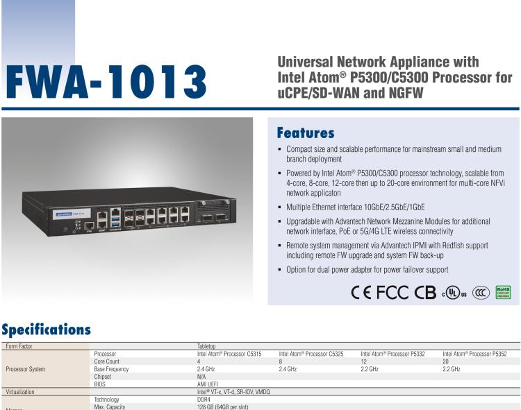 研华FWA-1013 Universal Network Appliance with Intel Atom® P5000/C5000 Processor for uCPE and SD-WAN