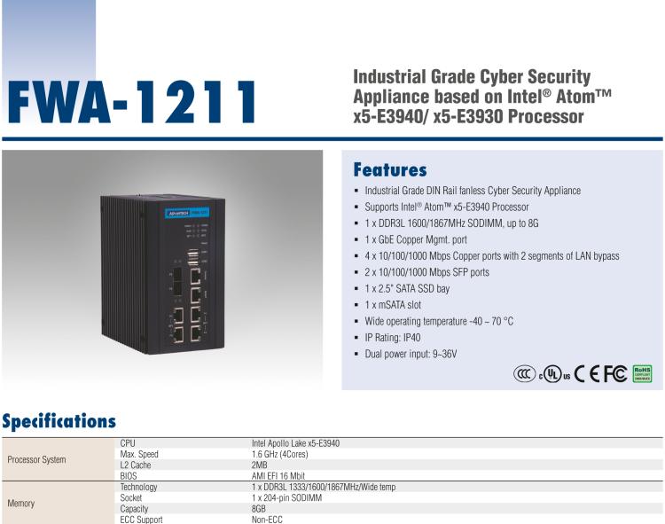 研华FWA-1211 Industrial Grade Cyber Security Appliance based on Intel® Atom™ x5-E3940/ x5-E3930 Processor