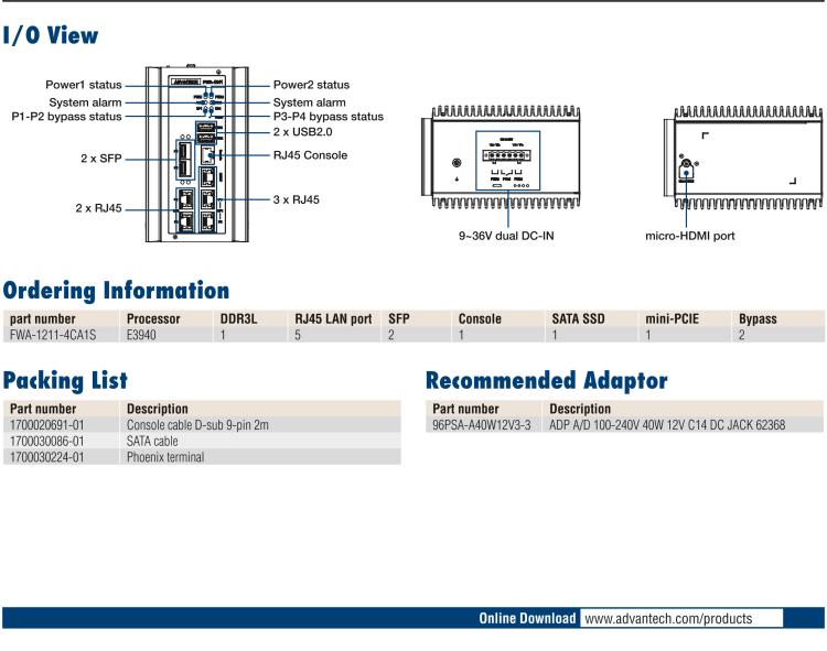研华FWA-1211 Industrial Grade Cyber Security Appliance based on Intel® Atom™ x5-E3940/ x5-E3930 Processor