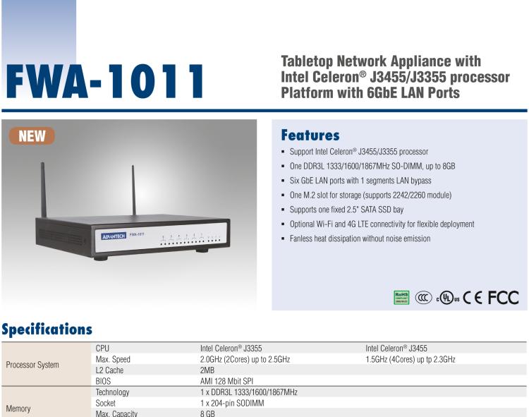 研华FWA-1011 基于Intel Celeron®J3455/J3355处理器平台和6GbE LAN端口的桌面网络应用平台