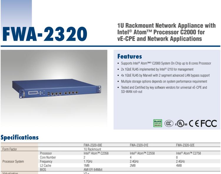 研华FWA-2320 基于Intel® Atom™ C2000系统芯片 1U机架式网络应用平台
