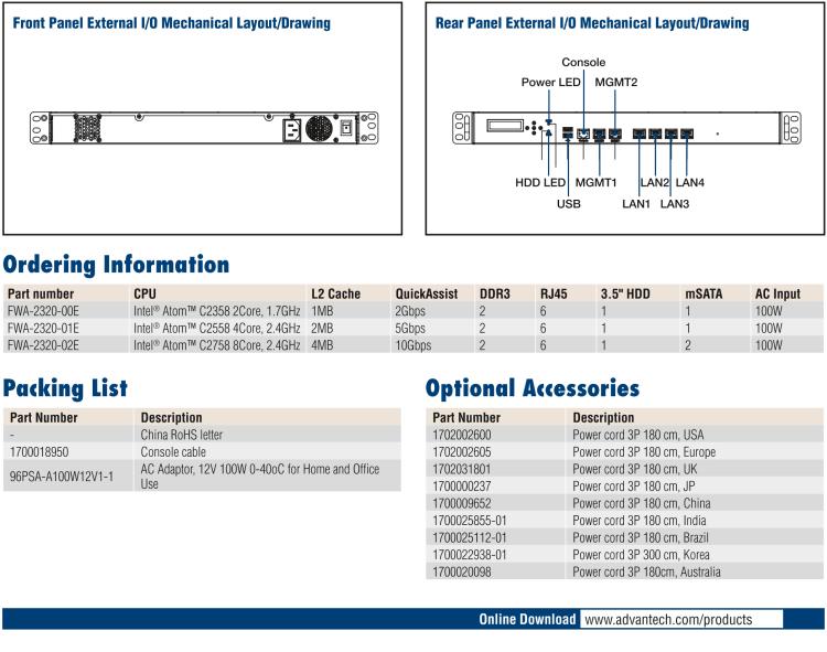 研华FWA-2320 基于Intel® Atom™ C2000系统芯片 1U机架式网络应用平台