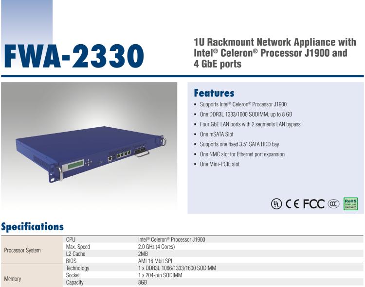 研华FWA-2330 基于Intel® Bay trail-D/M 系列处理器 1U机架式网络应用平台