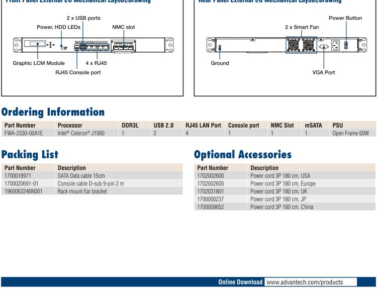 研华FWA-2330 基于Intel® Bay trail-D/M 系列处理器 1U机架式网络应用平台
