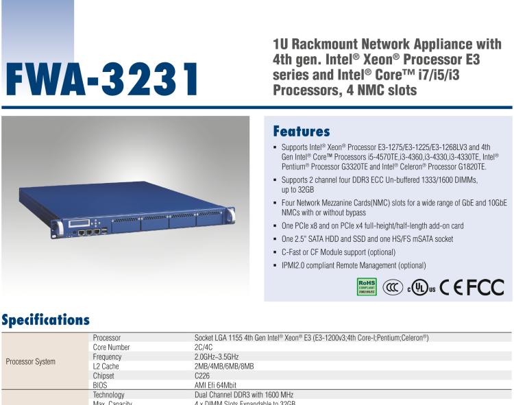 研华FWA-3231 基于Intel® Haswell XeonTM E3/CoreTM/ PentiumTM /CeleronTM 系列处理器 1U机架式网络应用平台