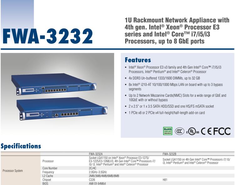 研华FWA-3232 基于Intel® Haswell XeonTM E3/CoreTM/ PentiumTM/CeleronTM系列处理器 1U机架式网络应用平台