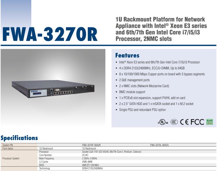 研华FWA-3270R 1U Rackmount Platform for Network Appliance with Intel® Xeon E3 series and 6th/7th Gen Intel Core i7/i5/i3 Processor, 2NMC slots