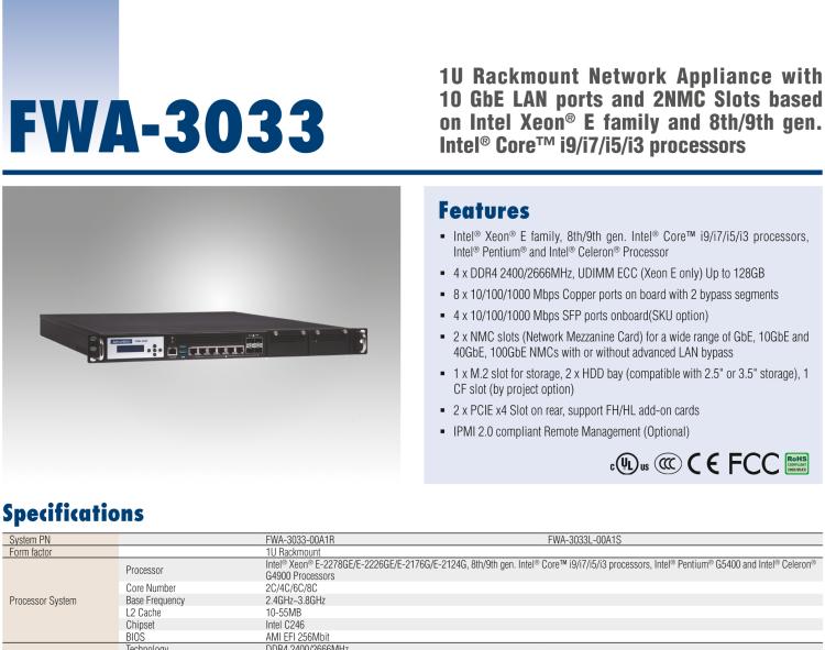 研华FWA-3033 基于Intel Coffee Lake CPU Xeon® E 系列或第八/九代Intel® Core® i7/i5/i3处理器1U机架式网络应用平台