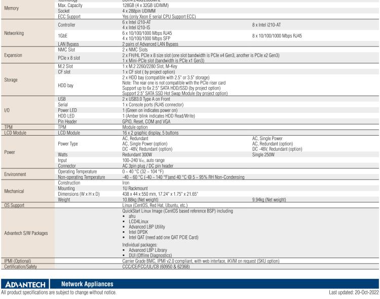 研华FWA-3033 基于Intel Coffee Lake CPU Xeon® E 系列或第八/九代Intel® Core® i7/i5/i3处理器1U机架式网络应用平台