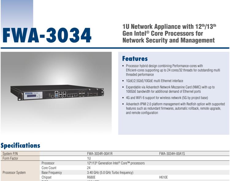 研华FWA-3034 1U Network Appliance with 12th/13th Gen Intel® Core Processors for Network Security and Management