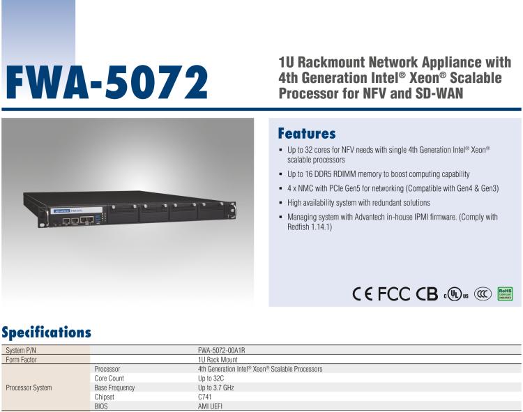研华FWA-5072 1U Rackmount Network Appliance with 4th Generation Intel® Xeon® Scalable Processor for NFV and SD-WAN