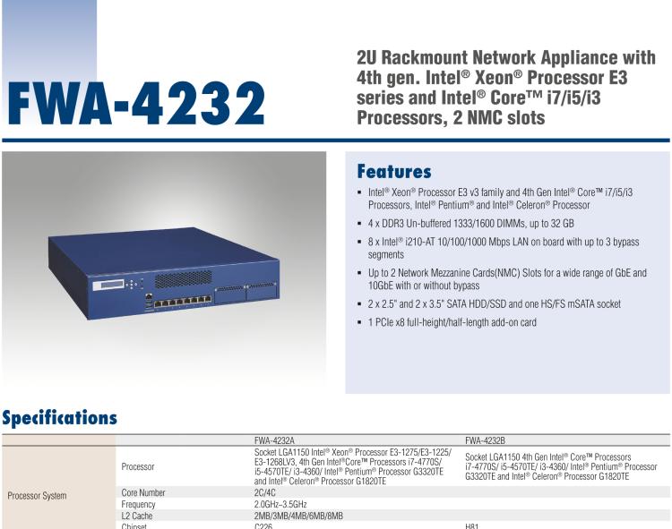 研华FWA-4232 基于Intel® Haswell XeonTM E3/CoreTM/ PentiumTM/CeleronTM系列处理器 2U机架式网络应用平台