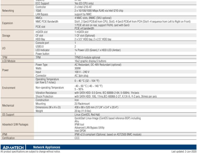 研华FWA-4130 基于第六代/第七代Intel®Xeon®E3和 Intel®core™i7 / i5 / i3系列处理器 2U机架式网络应用平台