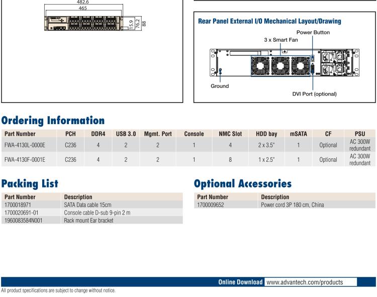 研华FWA-4130 基于第六代/第七代Intel®Xeon®E3和 Intel®core™i7 / i5 / i3系列处理器 2U机架式网络应用平台