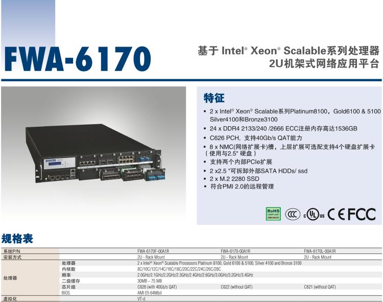 研华FWA-6170 基于 Intel® Xeon® Scalable系列处理器 2U机架式网络应用平台