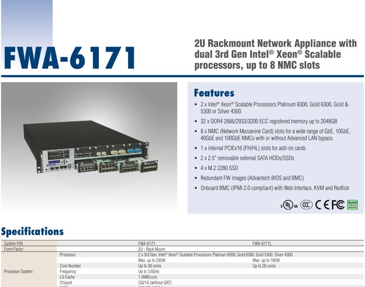 研华FWA-6171 2U Rackmount Network Appliance with dual 3rd Gen Intel® Xeon® Scalable processors, up to 8 NMC slots