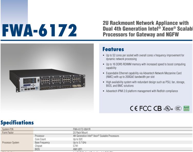 研华FWA-6172 2U Rackmount Network Appliance with Dual 4th Generation Intel® Xeon® Scalable Processors for Gateway and NGFW