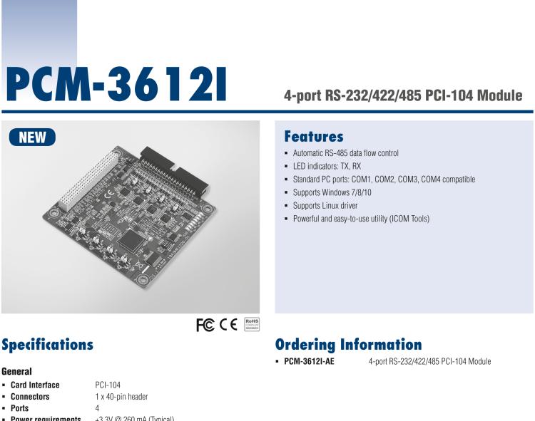研华PCM-3612I 4-port RS-232/422/485 PCI-104 Module