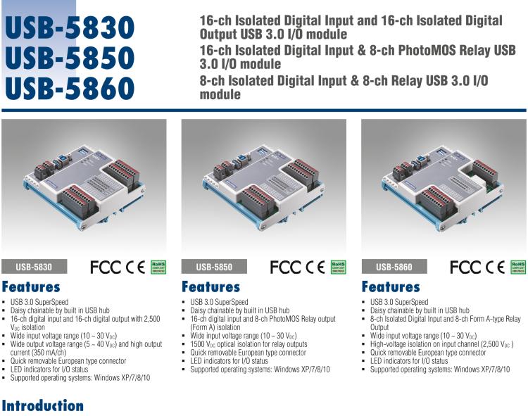 研华USB-5860 8通道隔离数字输入和8通道继电器数字输出USB 3.0 I / O模块