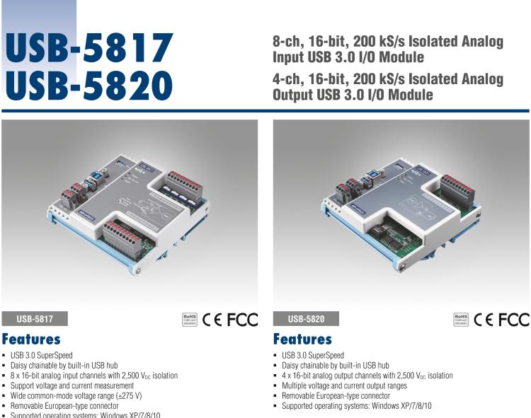 研华USB-5817 8通道，16位，200 kS / s隔离模拟输入USB 3.0 I / O模块