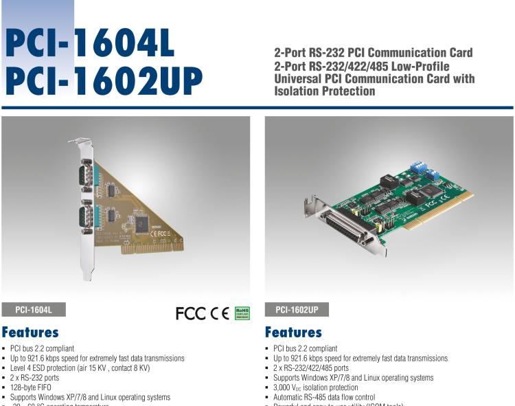 研华PCI-1602UP 2端口RS-232/485 低配PCI 含隔离和EFT浪涌保护通讯卡