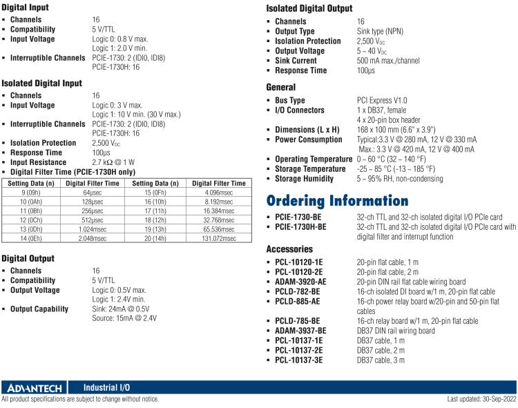 研华PCIE-1730 PCI Expresscard扩展接口，支持32通道隔离DIO和TTL DIO