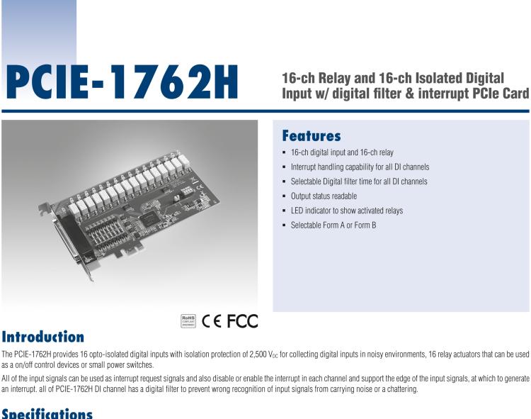 研华PCIE-1762H 16 通道继电器和 16 通道隔离数字输入，带数字滤波器和中断 PCIe 卡