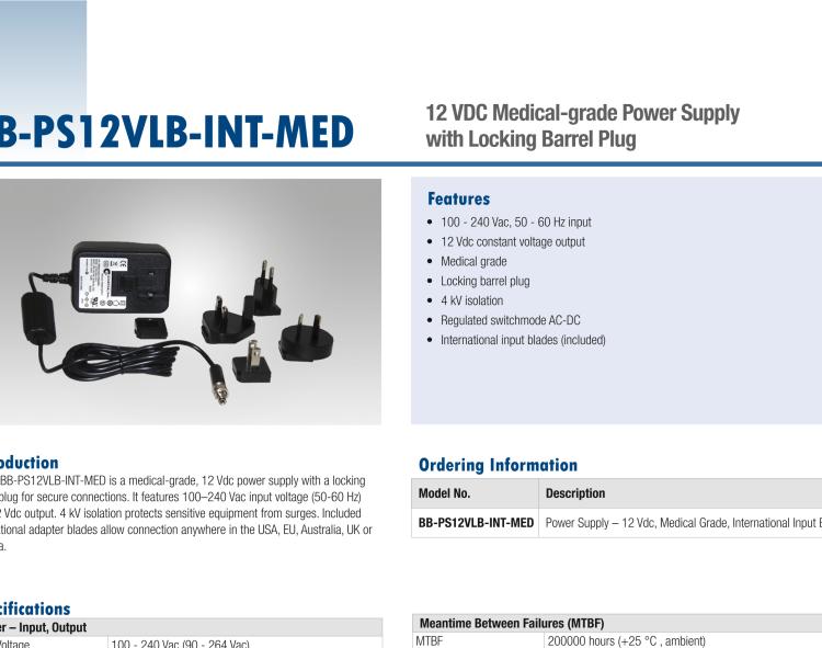 研华BB-PS12VLB-INT-MED Power Supply, AC to 12 VDC Medical-grade, Locking Plug