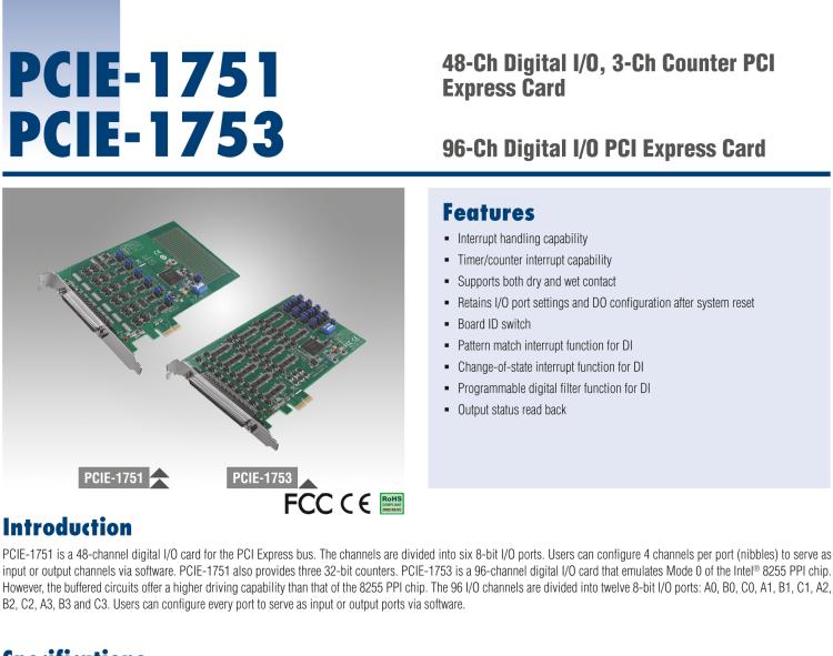 研华PCIE-1751 48 通道PCI Express总线通用数字 I/O 和计数器卡