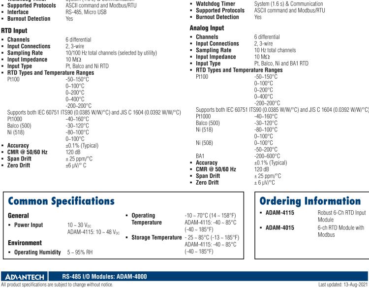 研华ADAM-4015 6通道符合Modbus协议的热电阻模块