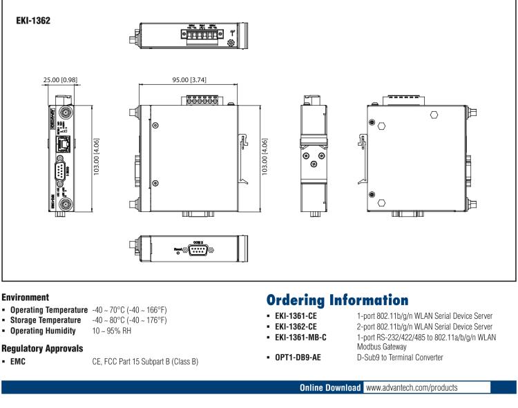 研华EKI-1361-MB 1-port RS-232/422/485 to 802.11 a/b/g/n WLAN Modbus Gateway