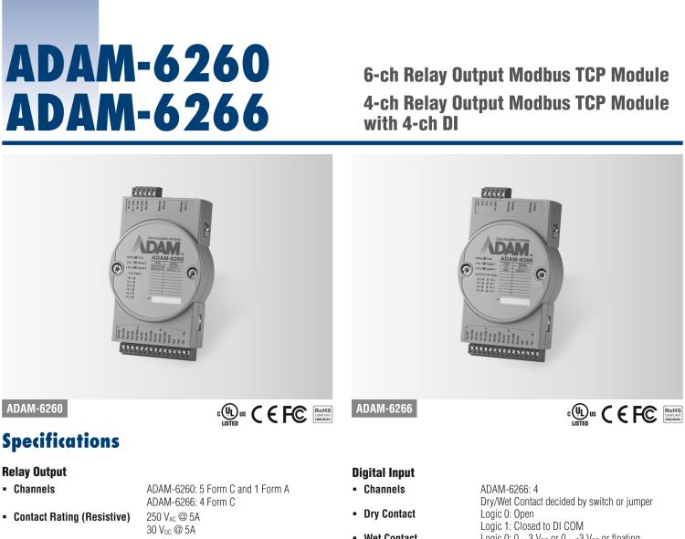 研华ADAM-6266 支持Modbus TCP的4路继电器输出模块，带4路DI