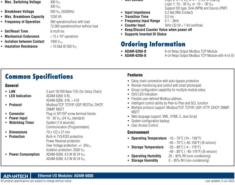 研华ADAM-6266 支持Modbus TCP的4路继电器输出模块，带4路DI