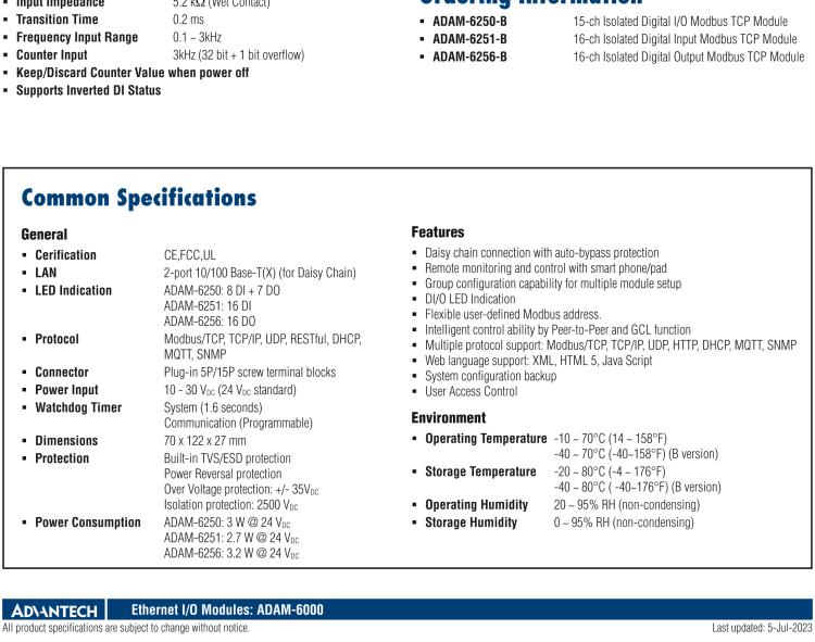 研华ADAM-6250 支持Modbus TCP的15路隔离数字量I/O模块