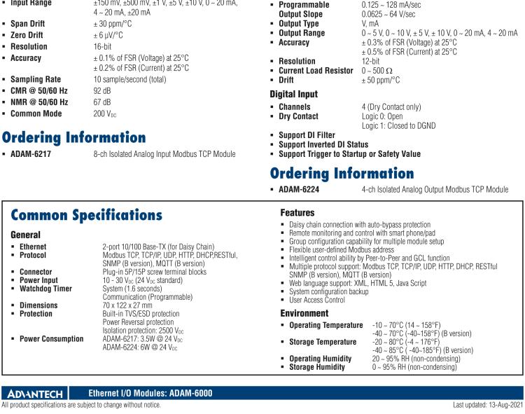 研华ADAM-6217 支持Modbus TCP的8路隔离模拟量输入模块