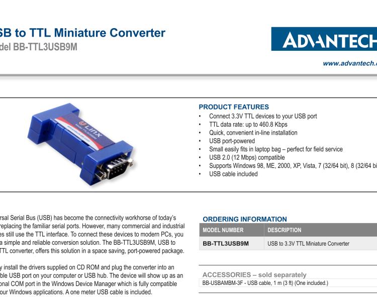 研华BB-TTL3USB9M 串口转换器，USB 2.0至3.3 V TTL DB9 公头