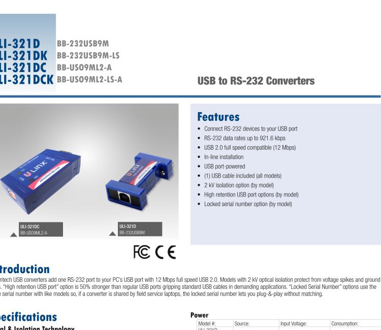 研华BB-232USB9M-LS ULI-321DK USB 2.0到RS-232转换器，DB9公头 端口号锁定