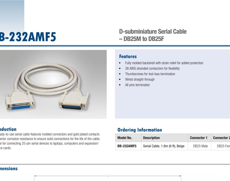 研华BB-232AMF5 Serial Cable, DB25 M to DB25 F, 1.8 m / 6 ft