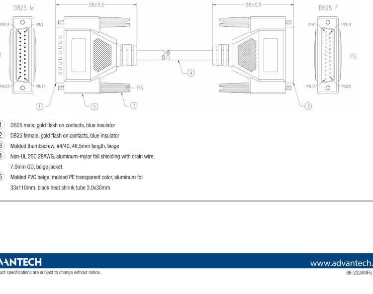 研华BB-232AMF5 Serial Cable, DB25 M to DB25 F, 1.8 m / 6 ft
