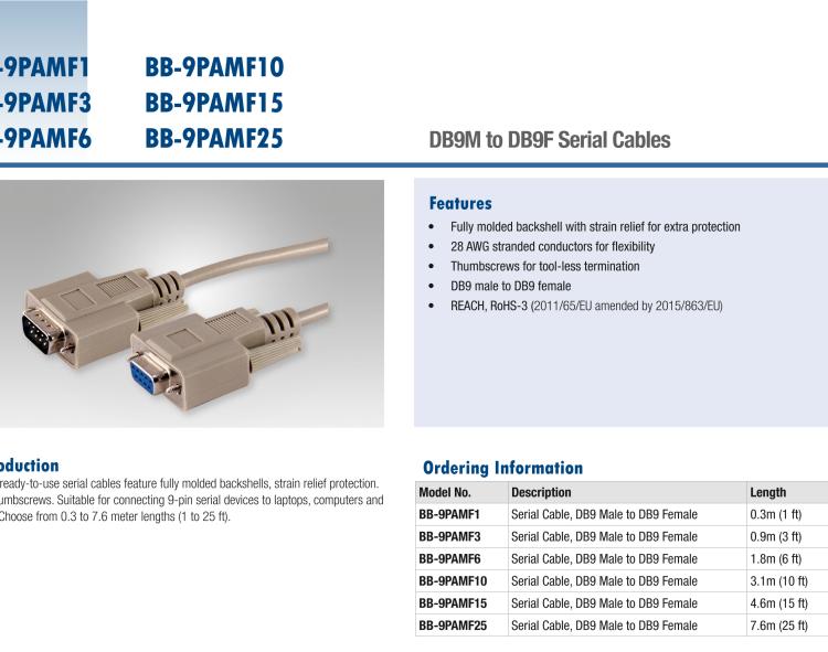研华BB-9PAMF1 Serial Cable, RS-232 DB9 M to DB9 F, 0.3 m / 1 ft