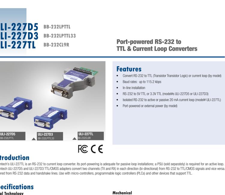 研华BB-232LPTTL33 ULI-227D3 RS-232（DB9母头）至3.3V TTL（DB9公头）转换器，端口供电