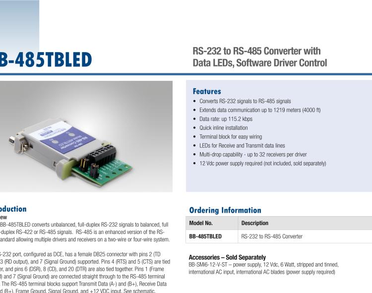 研华BB-485TBLED 串口转换器，RS-232 DB25 母头至RS-485 TB