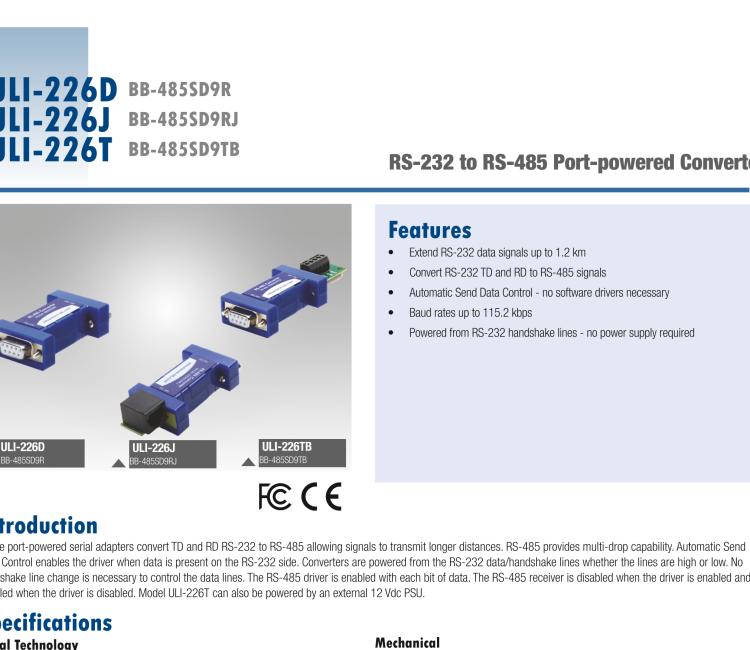 研华BB-485SD9TB ULI-226T 端口供电的 RS-232 至 TB RS-485 转换器