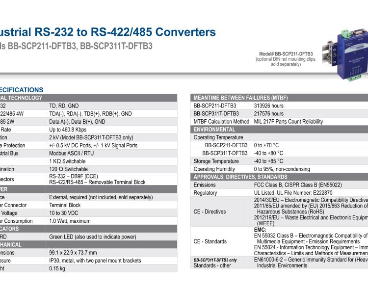 研华BB-SCP311T-DFTB3 ULI-224THC 宽温度范围、隔离式、RS-232 至 422/485 转换器