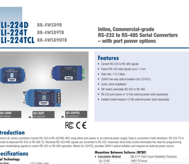 研华BB-485BAT3 ULI-224TB RS-232（DB9母头至RS-422/485（接线端子）转换器，电池供电