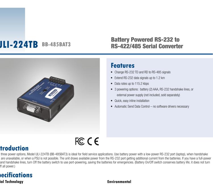 研华BB-485BAT3 ULI-224TB RS-232（DB9母头至RS-422/485（接线端子）转换器，电池供电